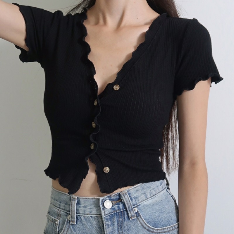 Áo croptop cài cúc cổ V chạy viền BÈO