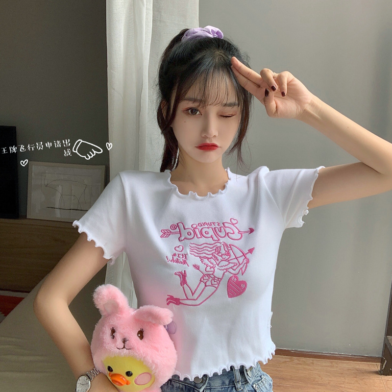 Áo Croptop Tay Ngắn Hoạ Tiết Thêu Phong Cách Hàn Quốc