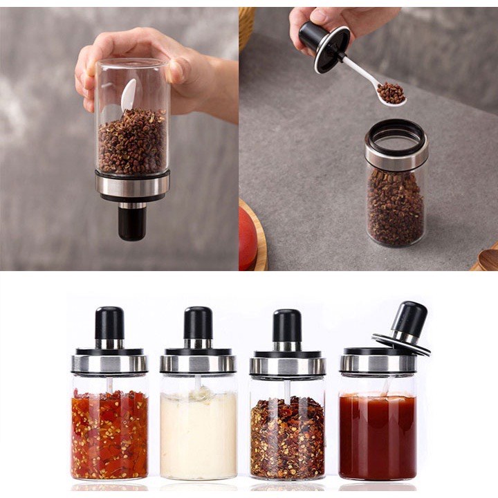 Lọ đựng gia vị hũ gia vị thủy tinh tiện dụng thông minh kèm thìa hàng chất lượng