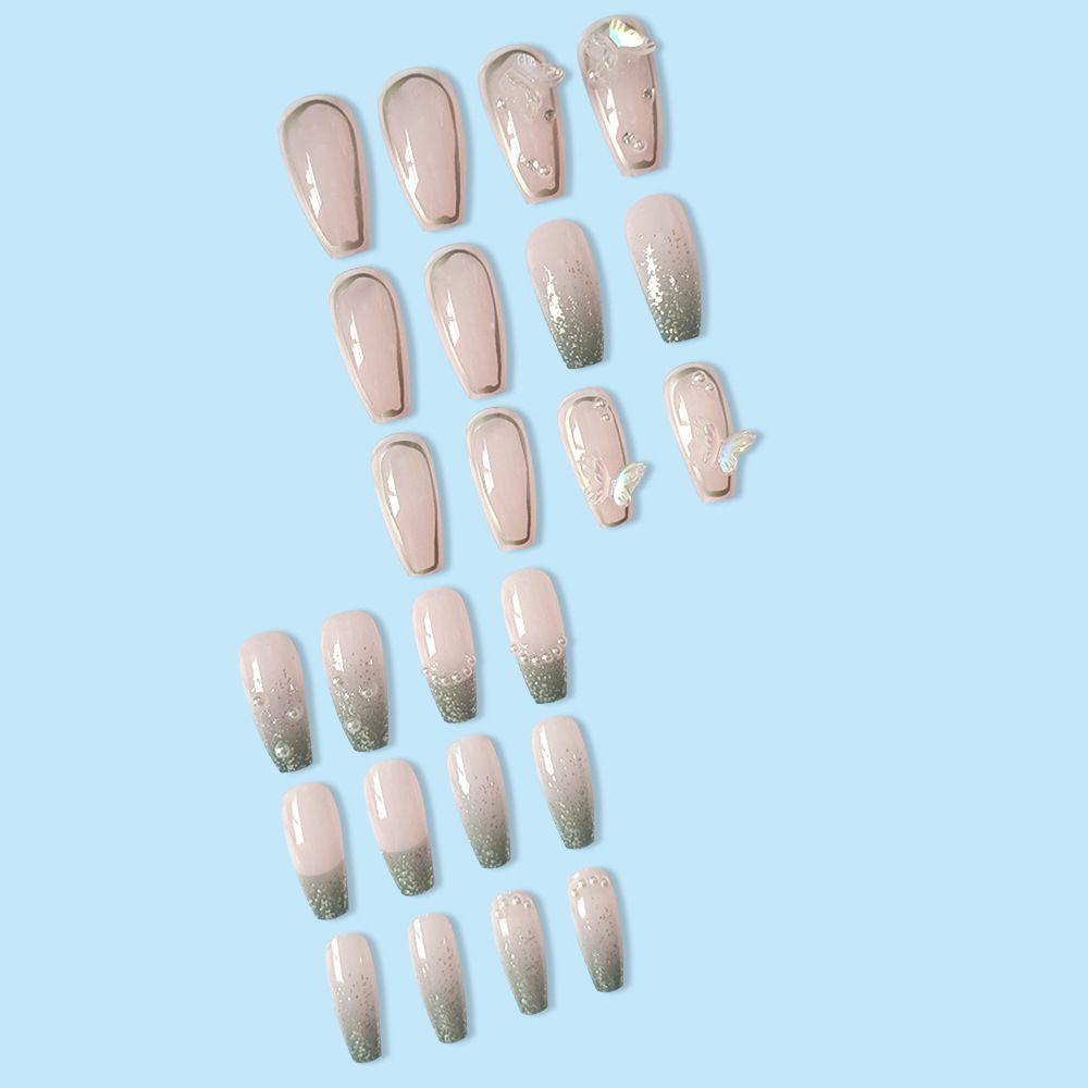 Set 24 Móng Tay Giả Kiểu Chuỗi Xích Màu Hồng / Xanh Dương Lấp Lánh