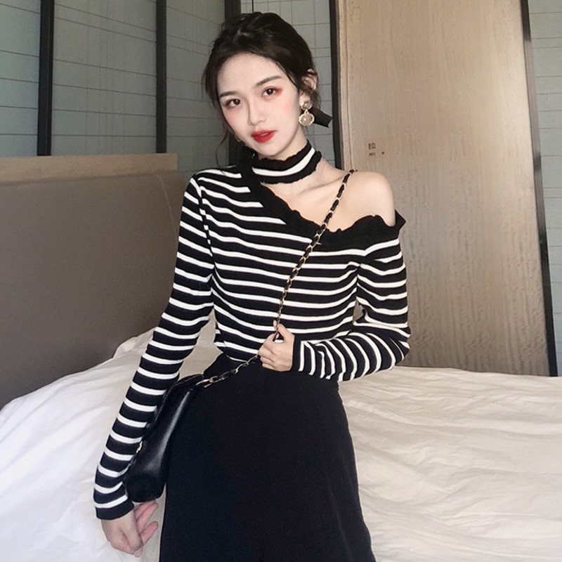 [ORDER] ÁO CỔ CHOCKER KẺ NGANG LỆCH VAI MÃ 3038