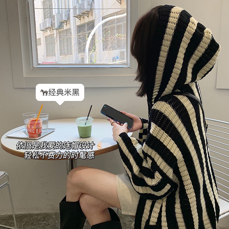 Áo Khoác Cardigan Có Nón Họa Tiết Kẻ Sọc Chất Liệu Dệt Kim Cao Cấp Thời Trang Mùa Xuân Thu Cho Nữ