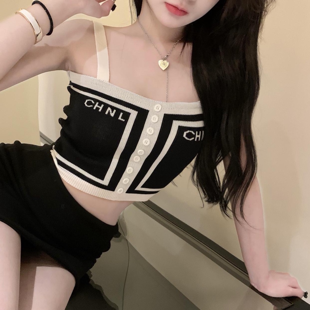 NEW || Áo 2 dây len gân dệt kim họa tiết chữ basic dễ phối đồ mùa hè trendy