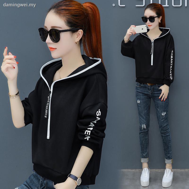 Áo Sweater Cánh Dơi Dáng Rộng Có Mũ Trùm Phối Khóa Kéo Kiểu Hàn Quốc Thời Trang Xuân Thu 2020 Mới Cho Nữ