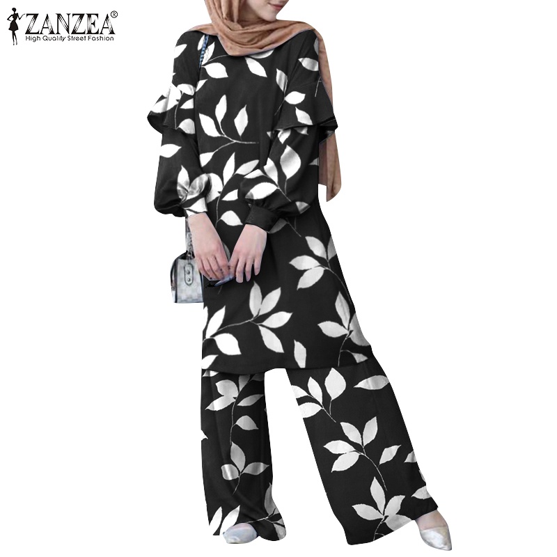 Zanzea Bộ Đồ Hồi Giáo Dáng Thẳng / Xếp Nếp Tay Phồng In Họa Tiết Lá Cây Có Nút