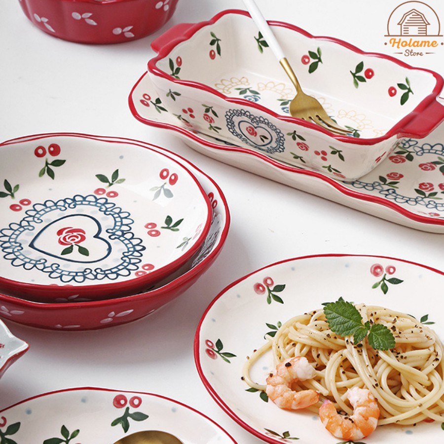 Bát đĩa sứ , chén đĩa decor họa tiết Cherry đỏ phong cách Hàn Quốc Holame