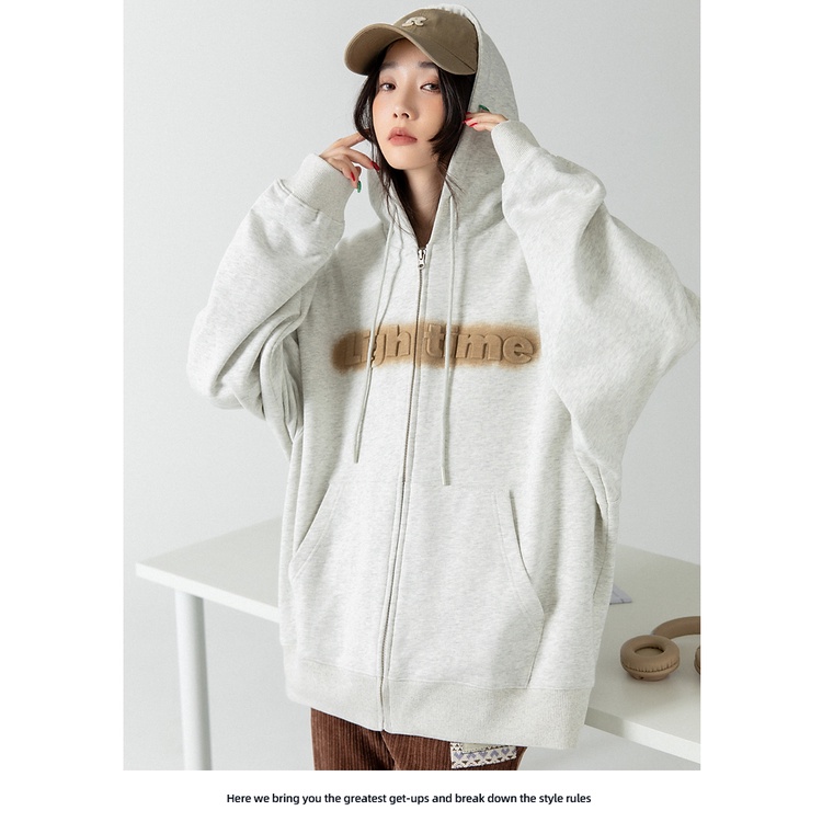 Áo Khoác Hoodie Dáng Rộng Có Khóa Kéo In Chữ Thời Trang Xuân Thu Cho Nữ