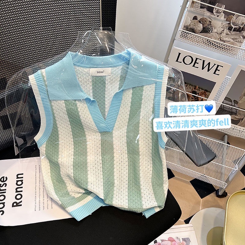 Áo Sát Nách Dệt Kim Dáng Rộng Kẻ Sọc Màu Sắc Tương Phản Thời Trang Mùa Hè Cho Nữ