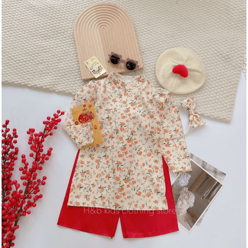 Set áo dài 3 chi tiết HB kids bé gái 2022 chất liệu nhung hoa
