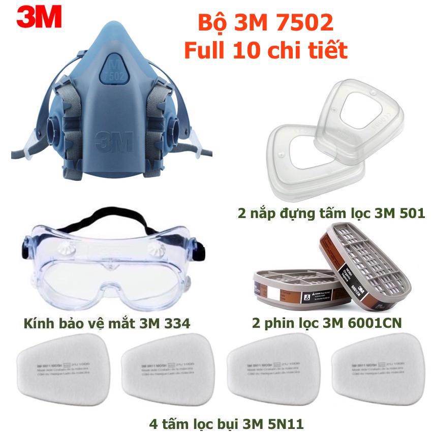 Bộ Mặt Nạ 3M 7502 Phòng Độc Full 10 chi tiết an toàn Cho Phòng Cháy, Hỏa Hoạn + có kèm kính 3M 334 Hàng Chính Hãng