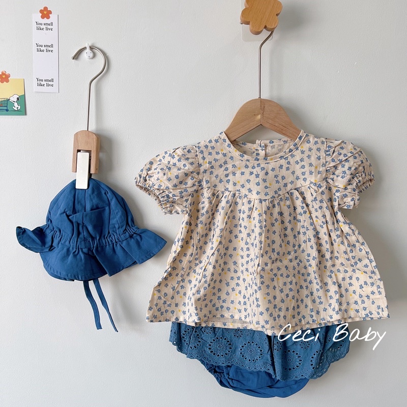 Set 3 chi tiết mũ, quần váy, áo hoa cho bé gái đáng yêu ảnh thật