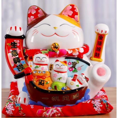 Mèo Thần Tài Sứ , Mèo May Mắn Maneki Neko cao  24cm. Vẩy Tay Gọi Khách BÁT PHƯƠNG KHAI TÀI