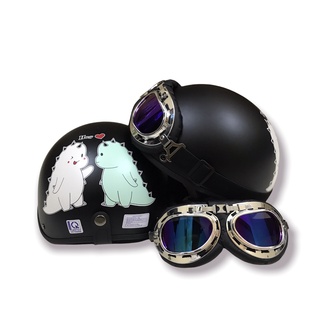 Mũ Nón Bảo Hiểm Nửa Đầu 1/2 màu đen hình khủng long trắng - Hàng Cao Cấp loại 1 - Ahaha