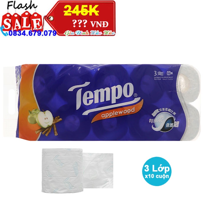 Giấy vệ sinh GVS cao cấp Tempo hương gỗ táo 3 lớp - Lốc 10 cuộn