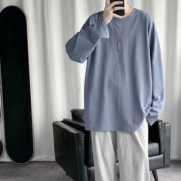 Mới Áo thun tay dài cổ tròn màu trơn đơn giản phong cách Harajuku cho nam