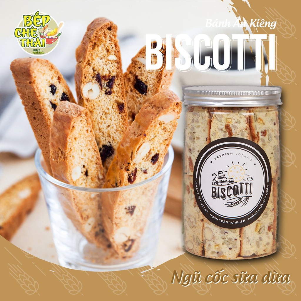 Bánh Biscotti Ăn Kiêng Mix 4 Vị Sữa Dừa Vani Chocolate Matcha - Hũ 250gr - Bếp Chè Thái