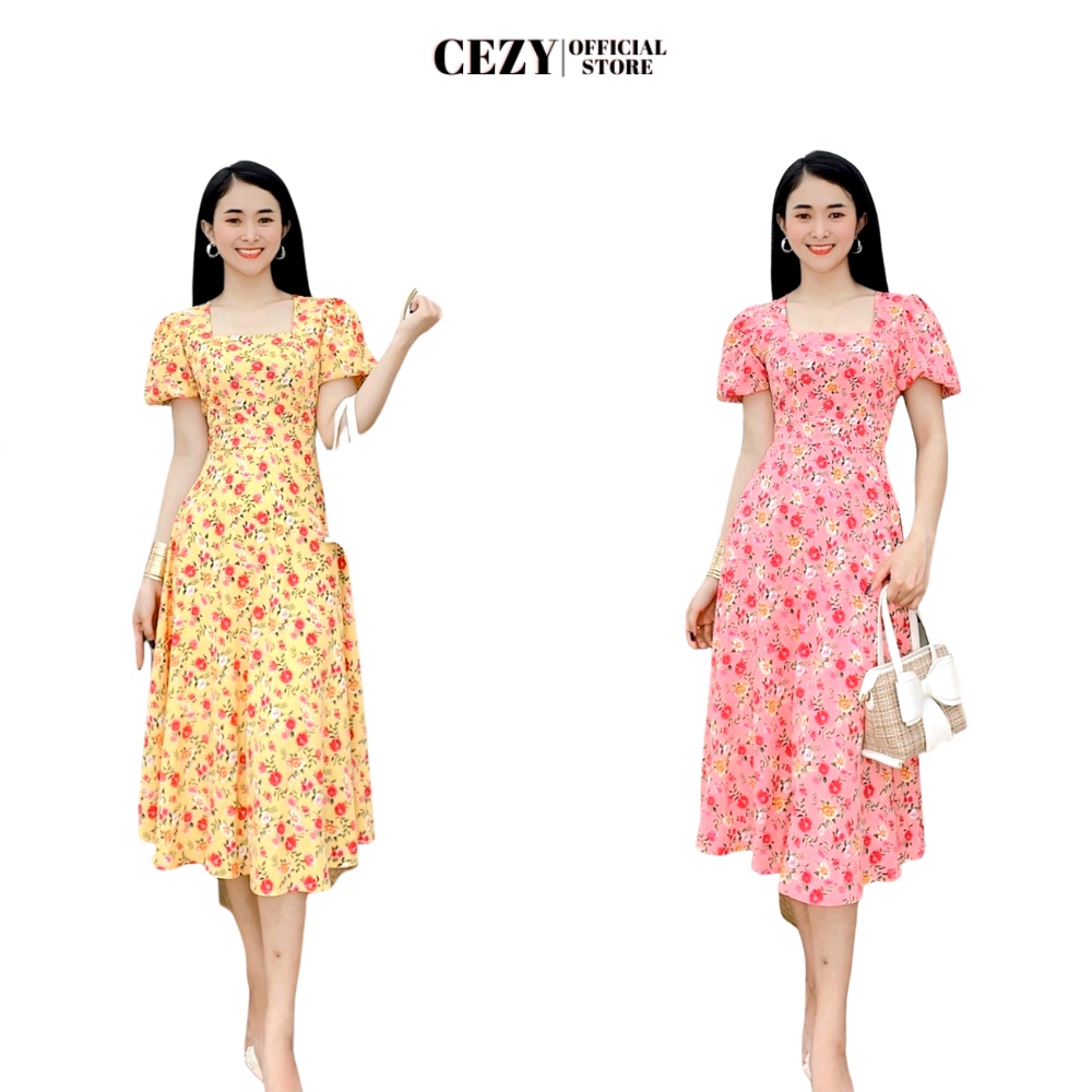 Đầm hoa nhí cổ vuông tay phồng dây thắt nơ eo có size bigsize CEZY D95 | BigBuy360 - bigbuy360.vn