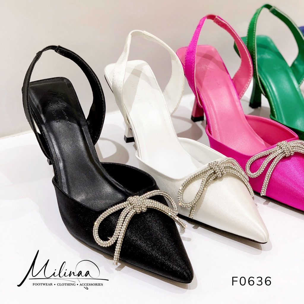 GIÀY CAO GÓT NỮ SLINGBACK GÓT NHỌN 5P BÍT MŨI SATIN PHỐI NƠ XOÀN HỞ GÓT F0636
