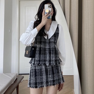 Set dạ tweed phối cổ peterpan chân váy chữ A hàng sẵn EGAO