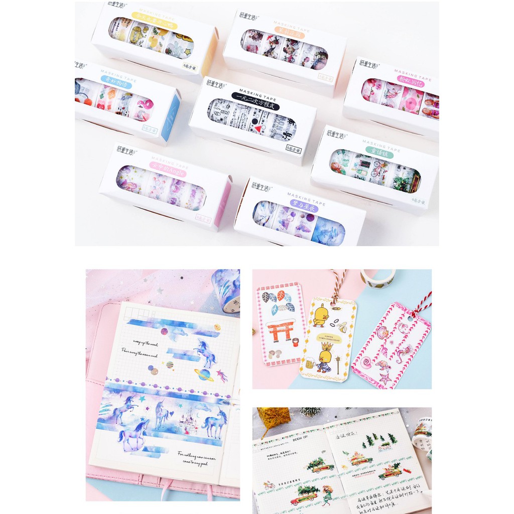 Set 6 băng dính giấy họa tiết 8MTHT (washi tape)