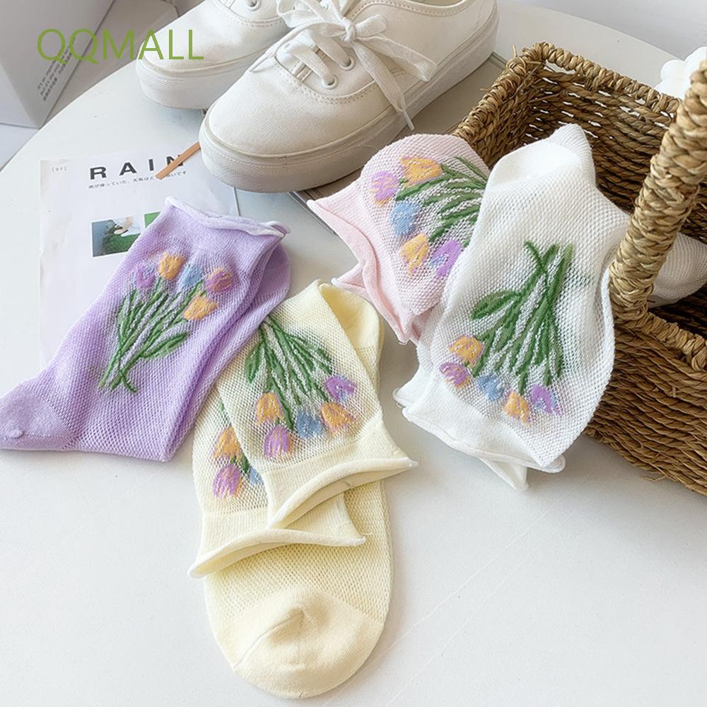 Đôi tất cotton màu trơn trang trí hoa thêu xinh xắn cho nữ