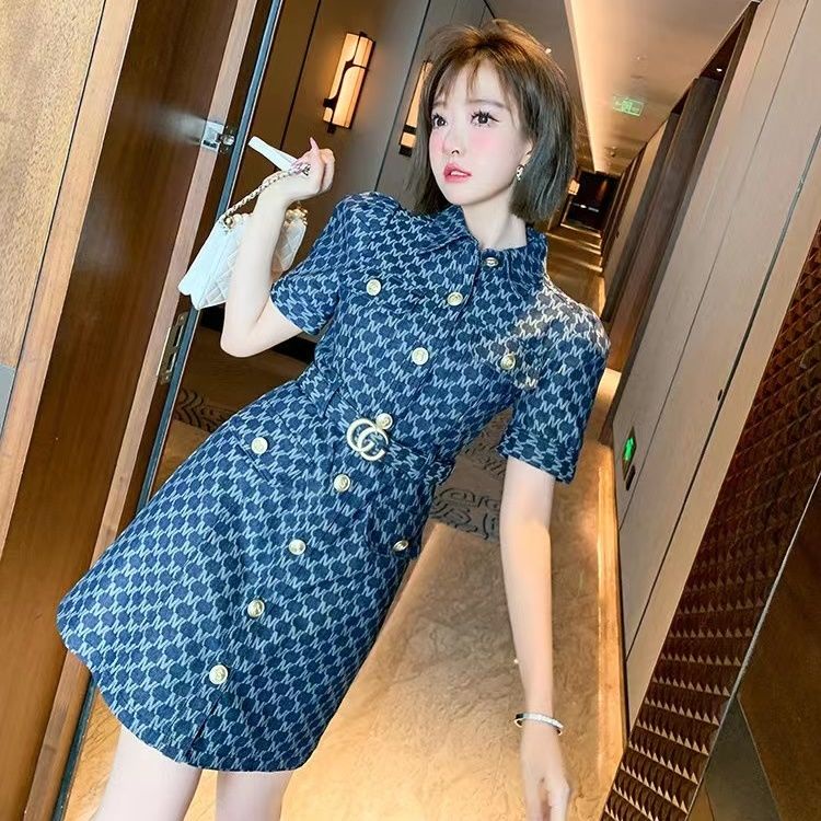 Miuco heavy industry letter jacquard Lapel single breasted front waist down thin dress for women 2022 summer new