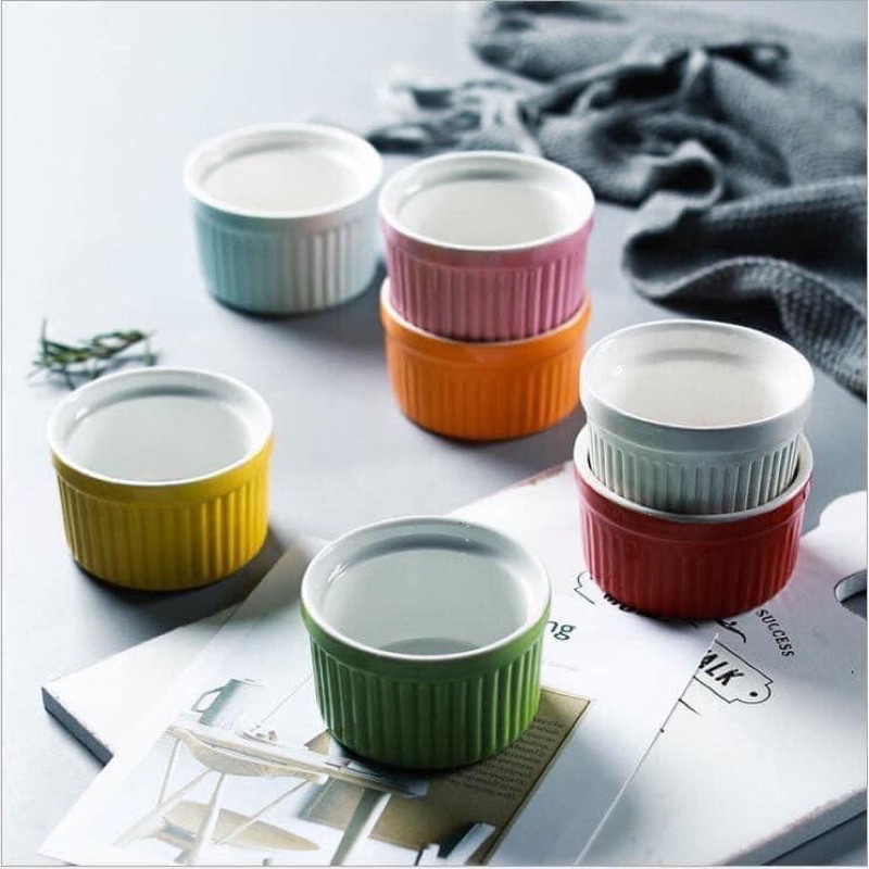 {Combo}10c Hũ sứ ramekin- Cốc. khuôn sứ làm bánh flan caramen dụng cụ làm bánh, ramekin đa sắc chịu nhiệt bỏ lò