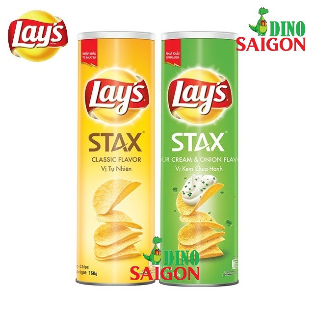 Combo 2 Hộp Bánh Snack Khoai Tây Lay's Stax Malaysia 160g Mix 2 Vị Tự Nhiên và Kem Chua Hành