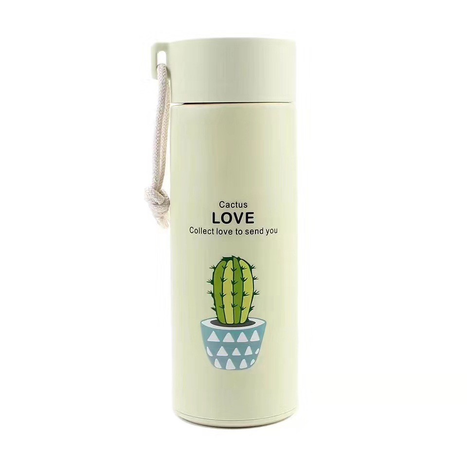 Bình giữ nhiệt in hình xương rồng 450ml lõi thủy tinh bọc nhựa lúa mạch có dây xách tiện dụng