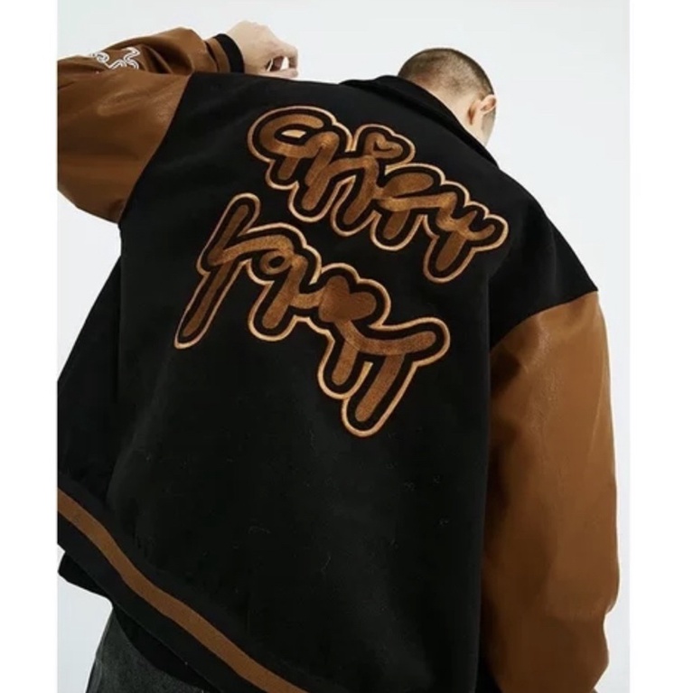 [DEAL SỐC] Áo khoác bomber - Jacket Varsity chữ thêu tay da phối màu nâu form rộng unisex nam nữ | BigBuy360 - bigbuy360.vn