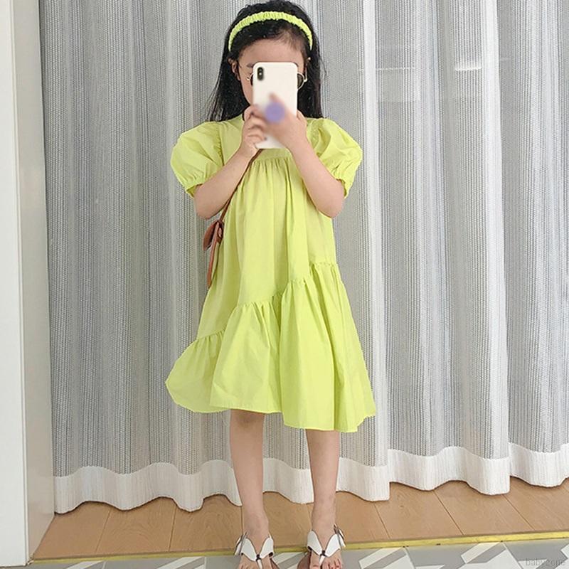 Đầm Tay Ngắn Cổ Tròn Màu Trơn Thời Trang Mùa Hè Cho Bé Gái