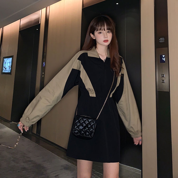 Đầm PERTY ôm dáng vừa vặn phối màu sắc tương phản thời trang Hàn Quốc dành cho nữ