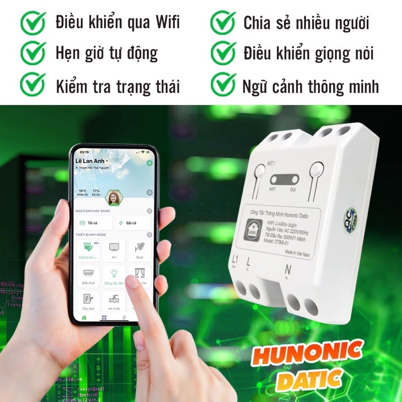Công Tắc Thông Minh Wifi Hunonic Datic Điều Khiển Từ Xa Qua Điện Thoại, Hẹn Giờ Tự Động, Hàng Việt Nam.