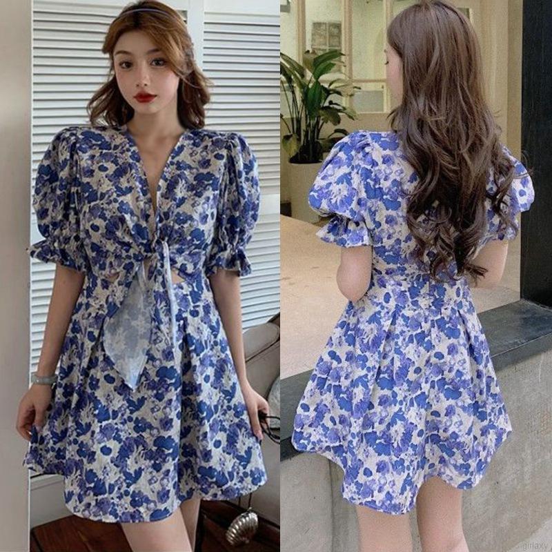 Đầm Hoa Tay Ngắn Cổ Chữ V Phong Cách Hàn Quốc Cho Nữ