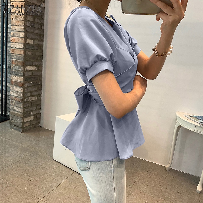 Áo kiểu Zanzea tay ngắn cổ tròn cột nơ lưng sau thời trang Hàn Quốc cho nữ