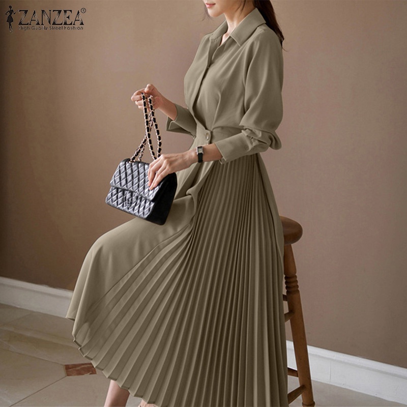 Đầm dài ZANZEA thiết kế đai eo tay dài xếp ly thời trang vintage thường ngày cho nữ