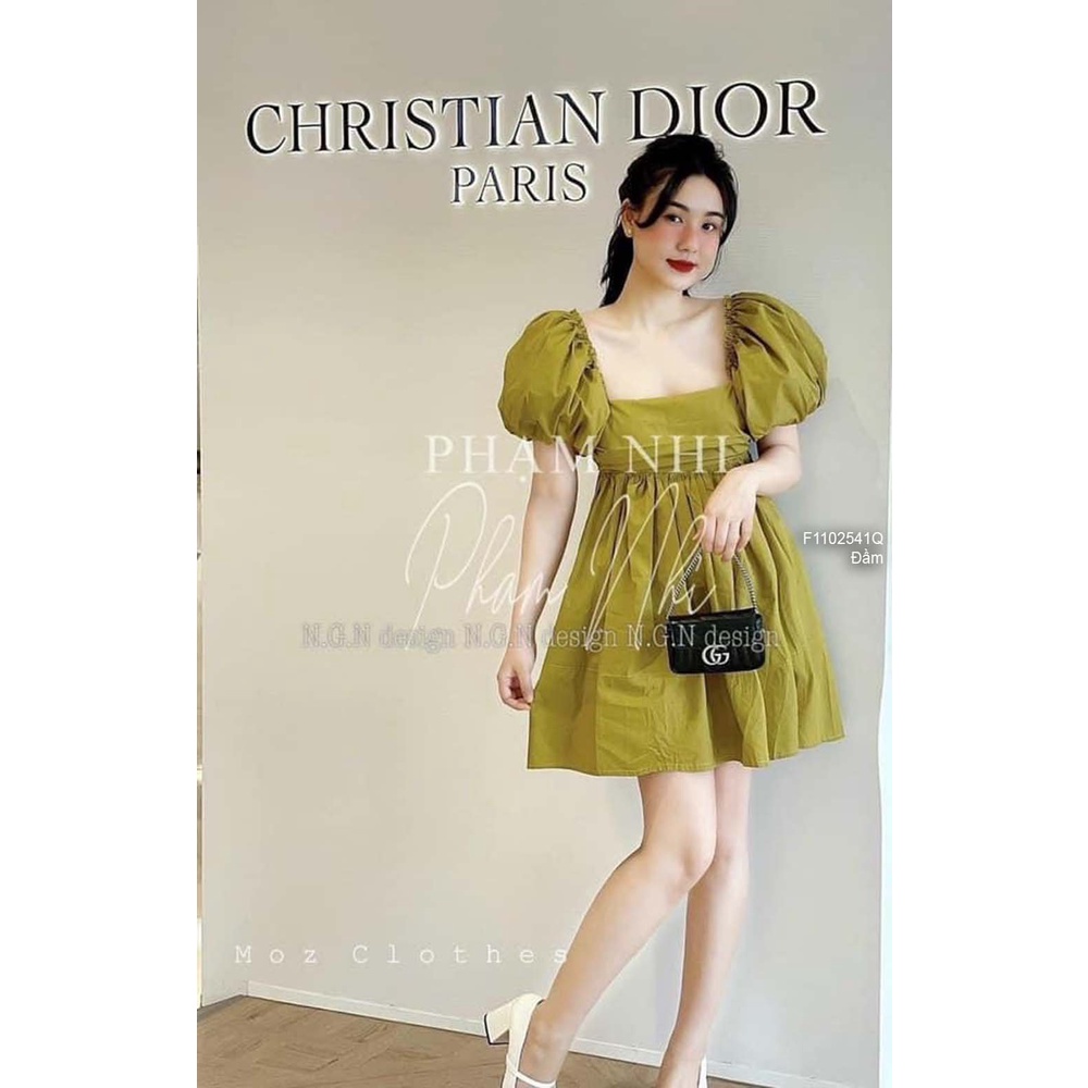 Đầm babydoll xanh cổ vuông cột nơ lưng tay phồng!