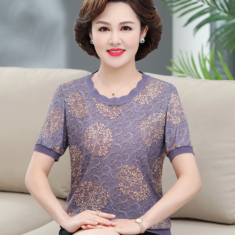 Quần áo mùa hè của mẹ mới ngắn tay mỏng cho người trung niên và già từ 40 đến 50 tuổi cộng với thun có kích cỡ phụ nữ hà