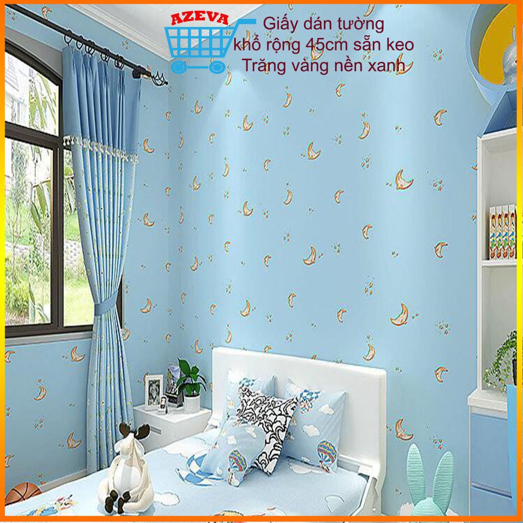 Giấy dán tường mặt trăng nền xanh, decal giấy dán tường khổ rộng 45cm có sẵn keo - AZEVA