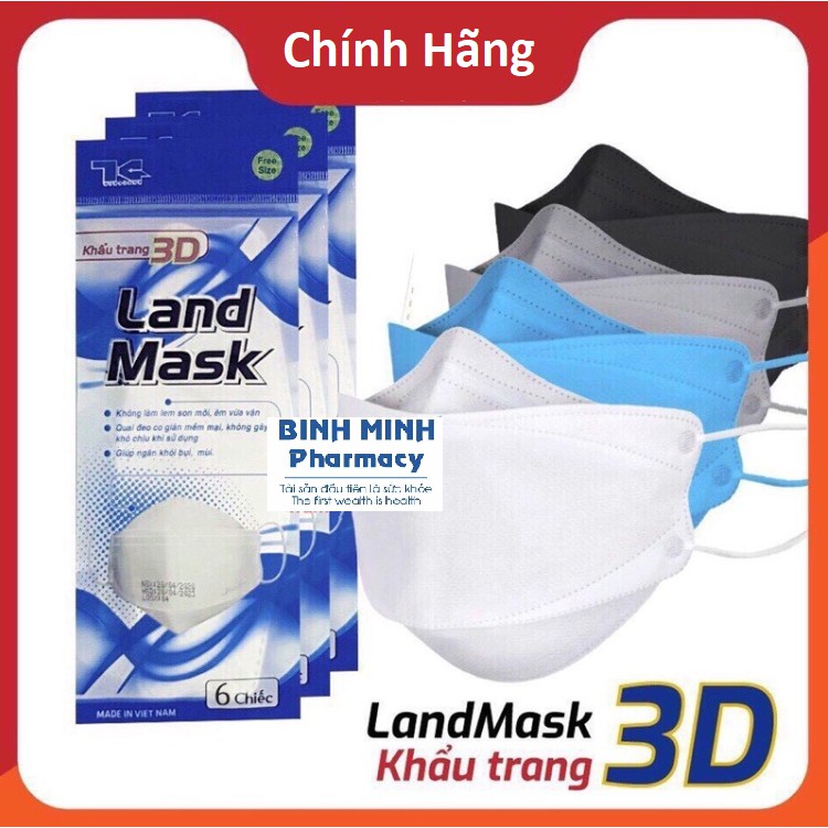 Khẩu Trang 3D Mask Land Mask CHÍNH HÃNG🌟Khẩu Trang Y Tế Kháng Khuẩn, Ngăn Bụi Mịn. ( Bịch 6 Chiếc )