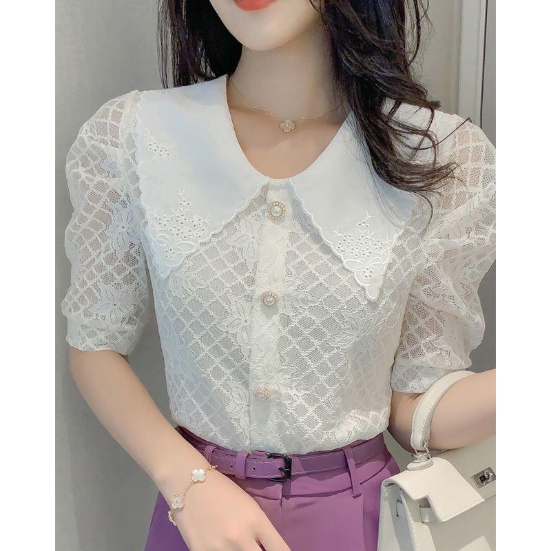 Áo Sơ Mi Trắng Tay Ngắn Cổ Búp Bê Vải Voan Phối Ren Thời Trang Mùa Hè Mới Cho Nữ