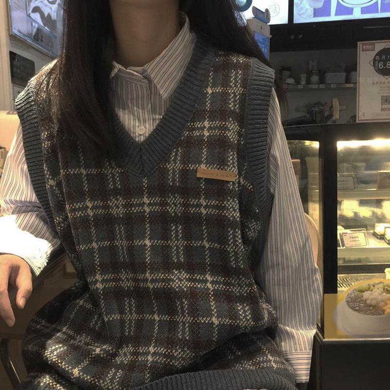 【Yuki】Áo gile len kẻ caro xanh đen màu siêu yêu