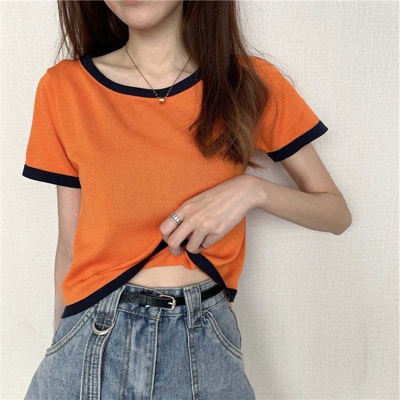 Áo Thun Tay Ngắn Cổ Tròn Màu Sắc Tương Phản Thời Trang Mùa Hè Phong Cách Hàn Quốc Cho Nữ