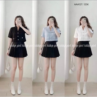Áo croptop cổ vest áo croptop nữ tay ngắn vải đũi hàn 2 túi giả 3 nút