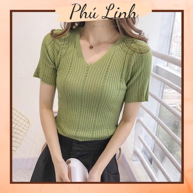 MS014 Áo len tăm lỗ cổ tim Quảng Châu