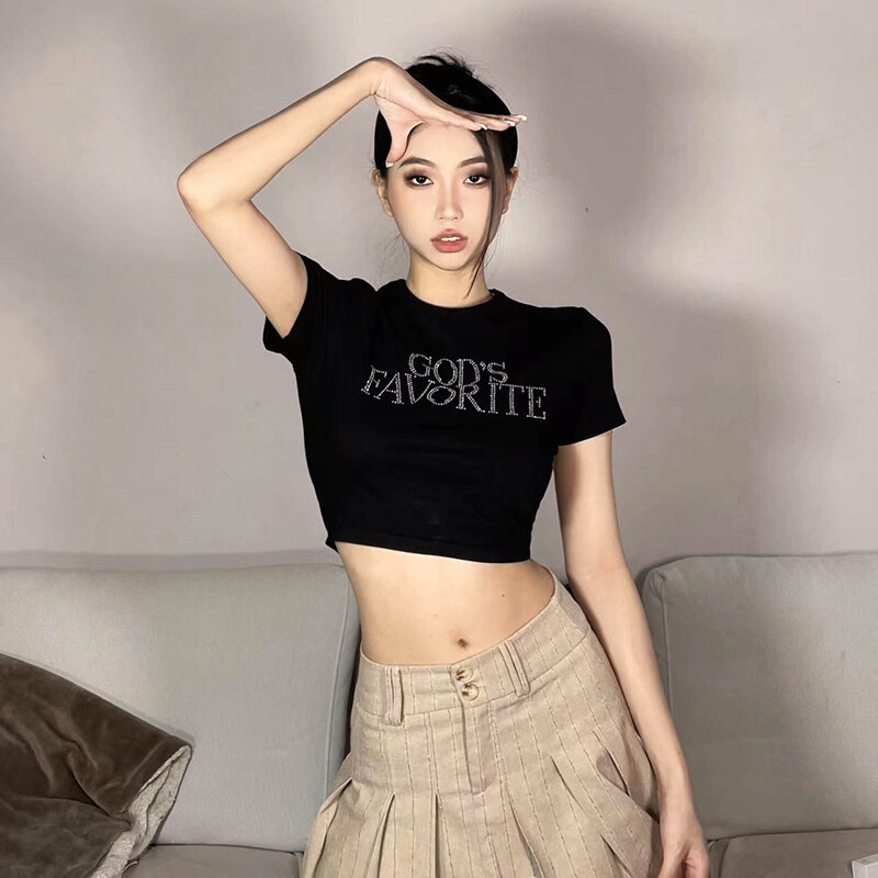 Kliou Áo Thun Croptop Ngắn Tay Cổ Tròn In Chữ Đính Đá Phong Cách Đường Phố Thời Trang Cho Nữ