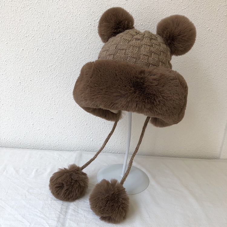 Mũ Len Dày Dặn Giữ Ấm Tai Đính Quả Bông Dễ Thương Thời Trang Thu Đông Nhật Bản