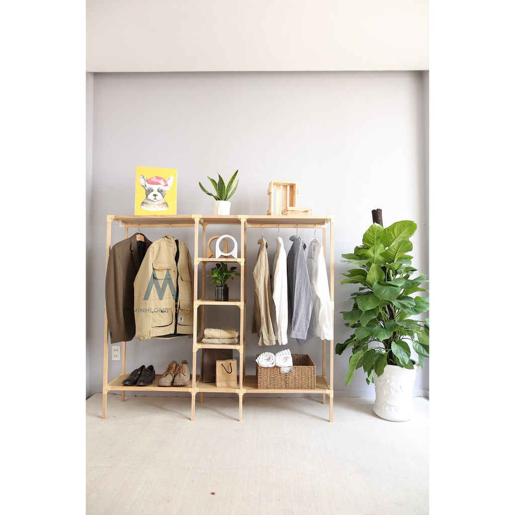 [Big Sale ] Kệ tủ quần áo loại lớn MINHLONGWOOD- tủ dựng quần áo khung gỗ 3 buồng 6 ngăn- tủ gỗ tự nhiên