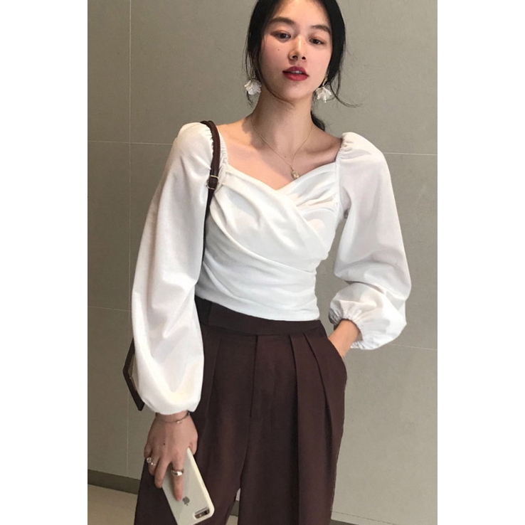 SUXI Áo sơ mi nữ cổ V tay phồng phong cách Hàn Quốc thời trang