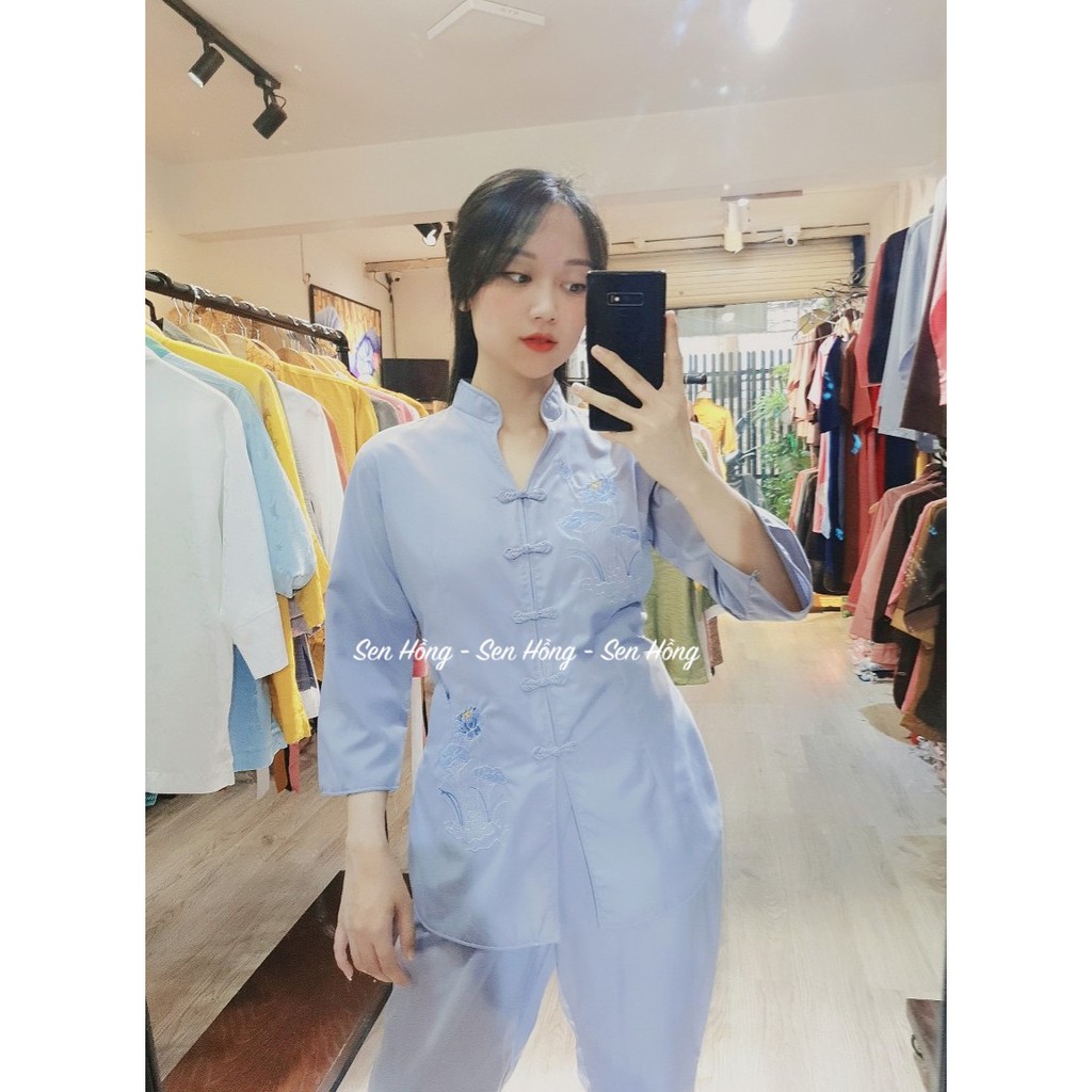 ⛔⛔Áo lam đi chùa thêu sen - Quần áo Phật tử shop Sen Hồng loại chuẩn mịn đẹp